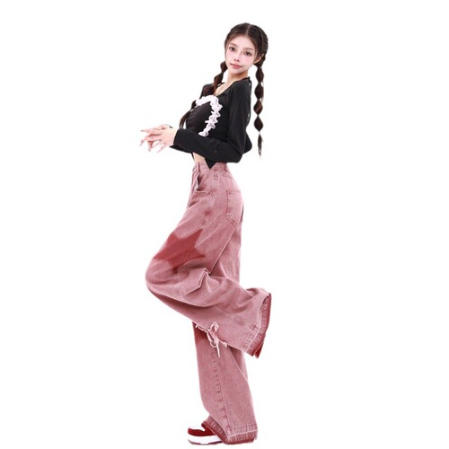 Vintage American Five-Star Embroidered Fringe Low-Waist Women's Jeans for Autumn Dopamine Style Dirty Pink Wide-Leg Pants