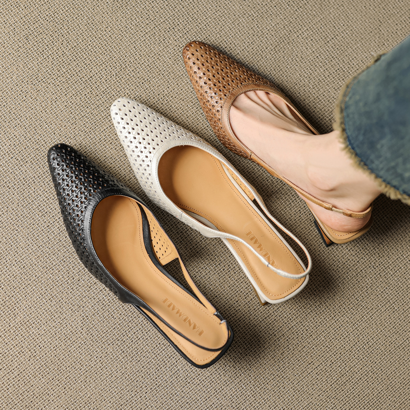 Sandal nữ da bò dệt mũi kín gót thô cao 6 cm phong cách công sở — đen