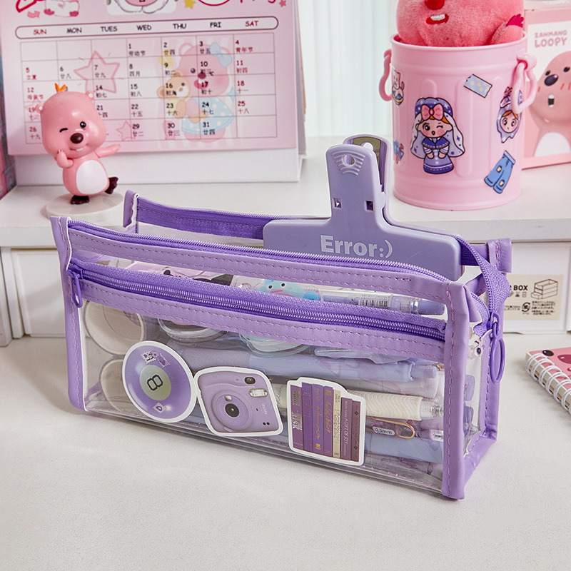 Doble capa transparente Lubi Castor pequeño lápiz caso examen lápiz caso Escuela Primaria Niña de alta apariencia papelería bolsa lápiz caso