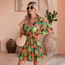 跨境欧美女装雪纺荷叶边拼接绑带沙滩连衣裙树叶印花比基尼罩衫女