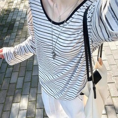 跨境批发春秋季慵懒松弛感宽松大码条纹长袖t恤女显瘦打底衫上衣