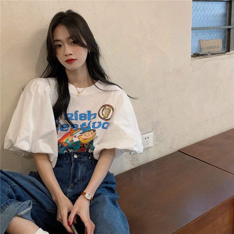 Spot 2025 Summer Korean Style New Age-Reducing Stereo Puff Sleeve Cartoon Print Stitching Loose T-Shirt for Women Trendy