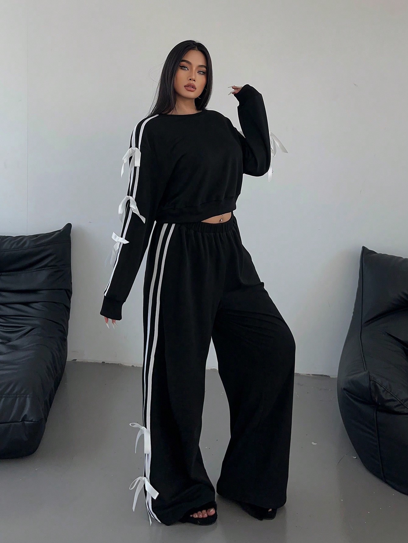 Plus Size Fashionable Casual Style Bow Design Women's Set Autumn Winter Style_ecoleips.com