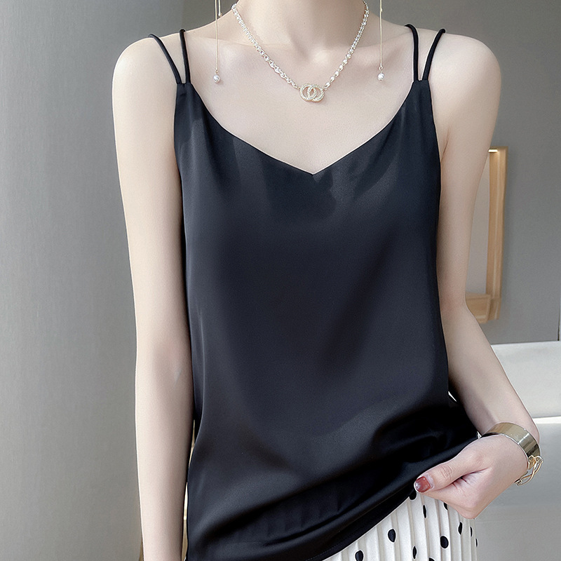 Cross-Border Summer New Imitation Ice Silk Women's Suspender Women's Double Shoulder Straps Back Cross Vest Suit with Small Shirt for Women