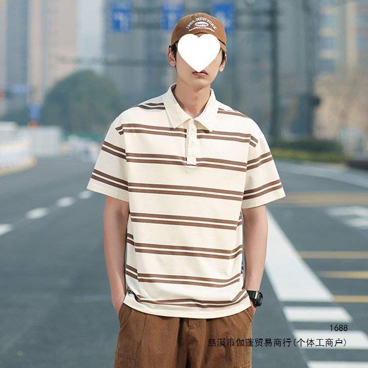 Men's POLO short-sleeved loose-fitting Japanese retro collar trendy brand short-sleeved summer striped t-shirt casual new style
