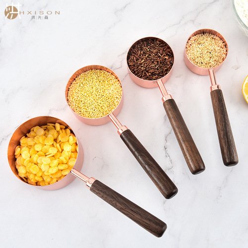 Cross-border stainless steel copper-plated measuring cup measuring spoon 8-piece set walnut handle rose gold 4-piece measuring cup measuring spoon Amazon