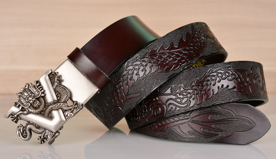 Genuine Leather Men Belt Designer Dragon V Buckle Cowboy Luxury