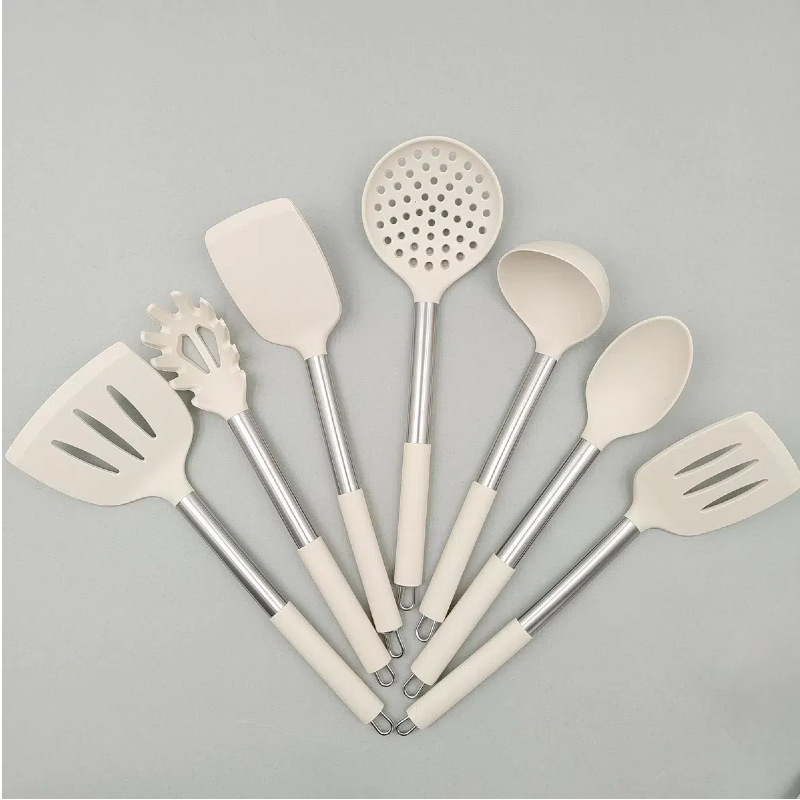 亚马逊米白色不锈钢柄硅胶厨具不粘锅烹饪铲子锅铲组合套装高颜值|undefined