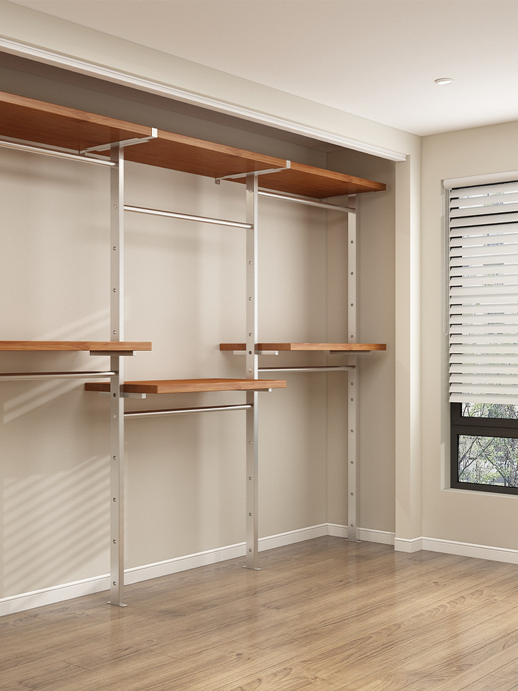 Metal Wardrobe for Home Bedroom Simple Frame Open Floor-Standing Walk-In Solid Wood Iron Clothes Rack