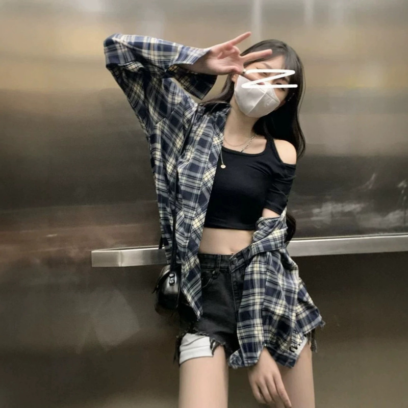 American-style loose-fit casual thin plaid shirt, long-sleeved, versatile for autumn, retro Korean-style cardigan shirt, top, outerwear American-style loose-fit casual thin plaid shirt, long-sleeved, versatile for autumn, retro Korean-style cardigan shirt, top, outerwear