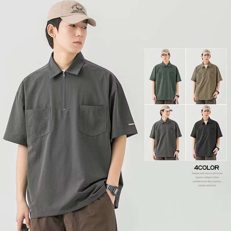WOODSOON Short-sleeved Shirt Men's Summer Loose Elastic Lathers Fashionable Simple Pocket Casual Top for Boys