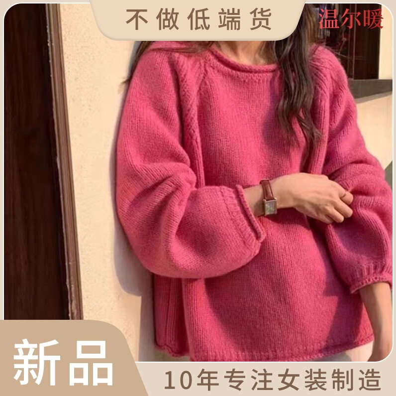 Red Sweater 100 Cardigan Women's Autumn and Winter European Thickened Curled Round Neck Loose Lazy Style Large Size