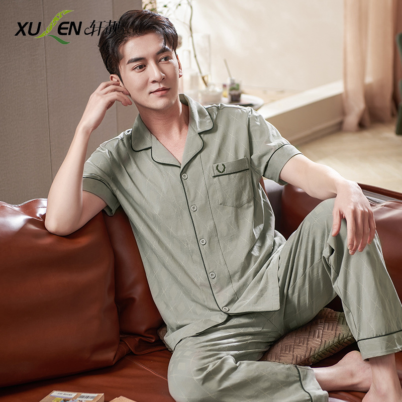 Pijamas de mediana edad para hombres de verano Delgado 100% algodón de manga larga para hombres de verano suelto traje para el hogar