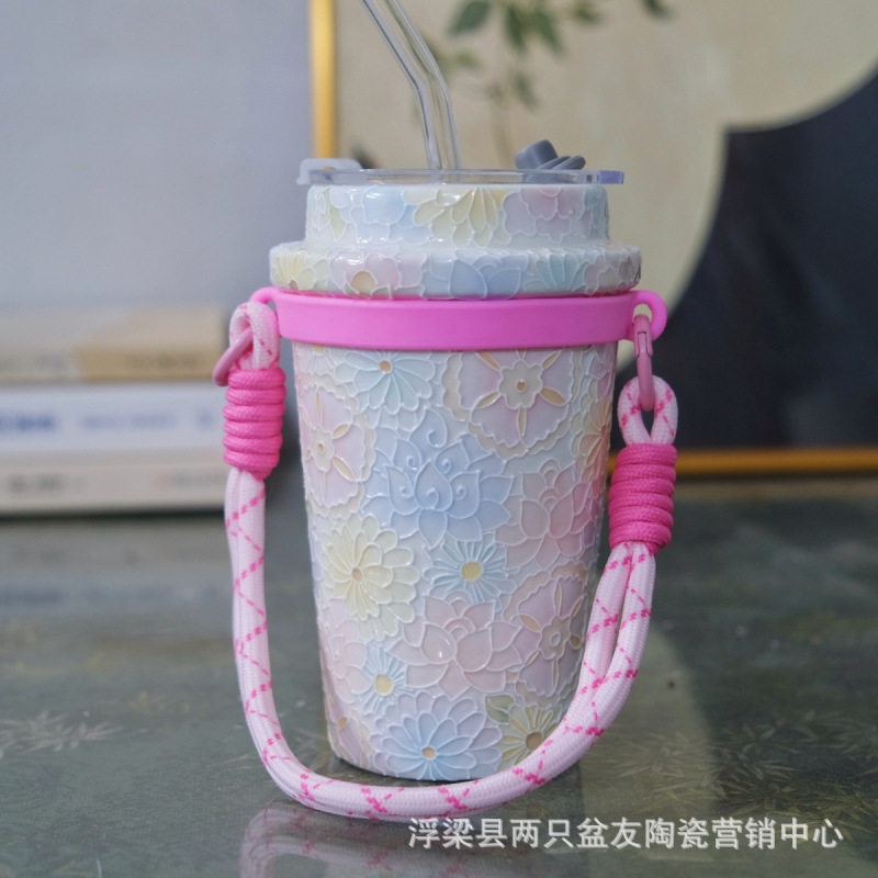 万花杯陶瓷水杯随行杯咖啡杯景德镇手绘陶瓷密封吸管杯送礼礼品|undefined