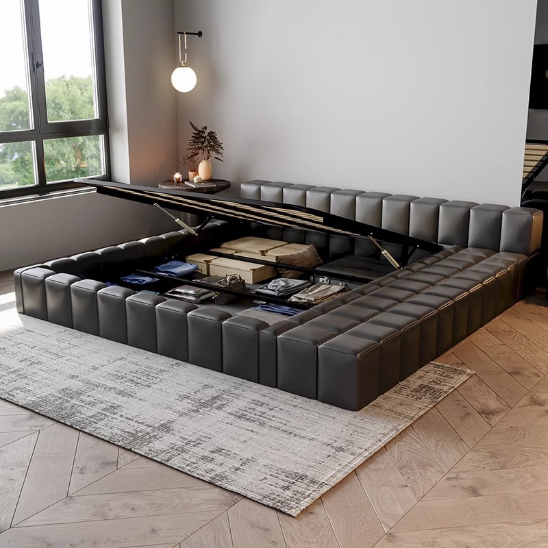 Cama de cuero de tatami minimalista italiana 2 * 2.2m cama queen piso negro atmósfera de alta gama cama de matrimonio doble