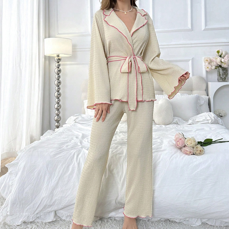 Cross-Border Lapel Tie-Waist Pajama Set for Women, New Autumn and Winter Long-Sleeve Cardigan with Textured Home Wear Two-Piece Set Cross-Border Lapel Tie-Waist Pajama Set for Women, New Autumn and Winter Long-Sleeve Cardigan with Textured Home Wear Two-Piece Set