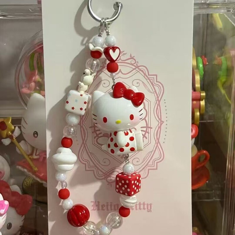 甜美粉色蝴蝶结kitty猫串珠手机链可爱少女心包包挂链钥匙扣链女|undefined