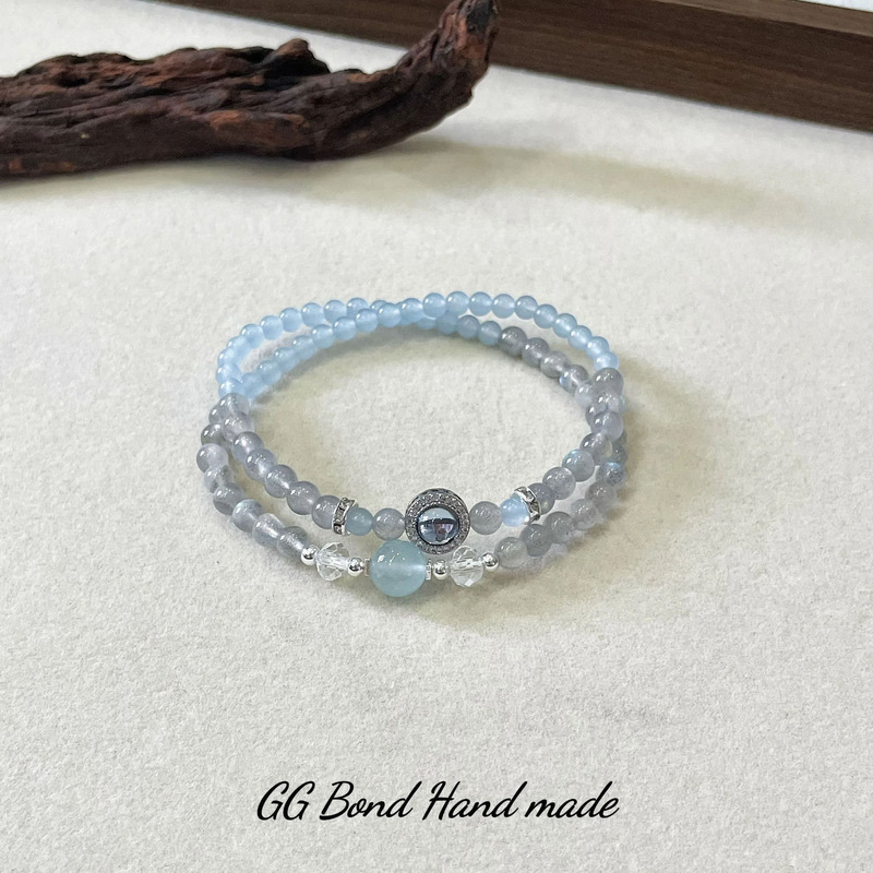 【初霁】Gray Moonlight Aquamarine Double Circle Bracelet for Women, Mood-Relieving, Unique Design, Friendship Bracelet, Vintage Style