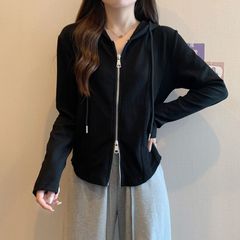 不规则连帽长袖t恤女春秋季2025新款女装韩版宽松显瘦双拉链上衣