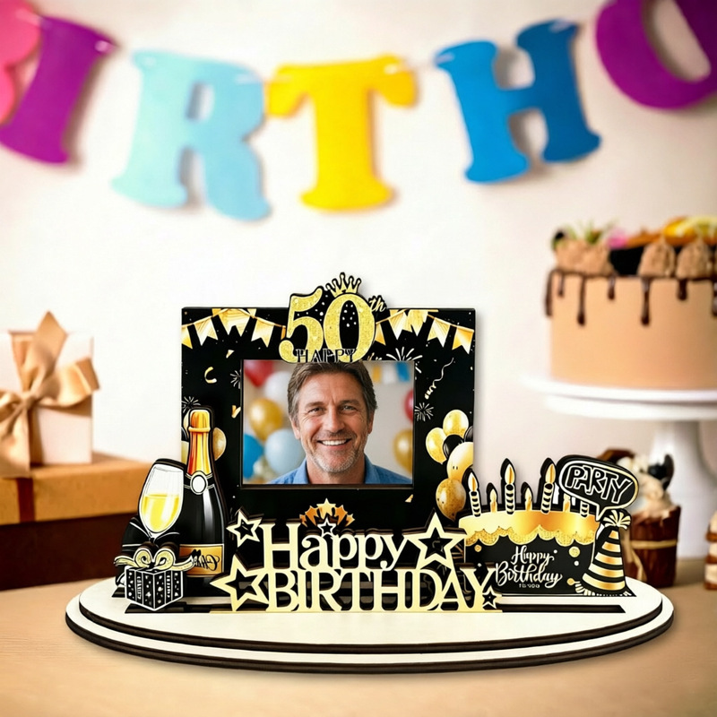 Cross-Border 50Th Birthday Black Gold Theme Party Decoration Supplies Photo Props Atmospheric Photo Frame Ornaments