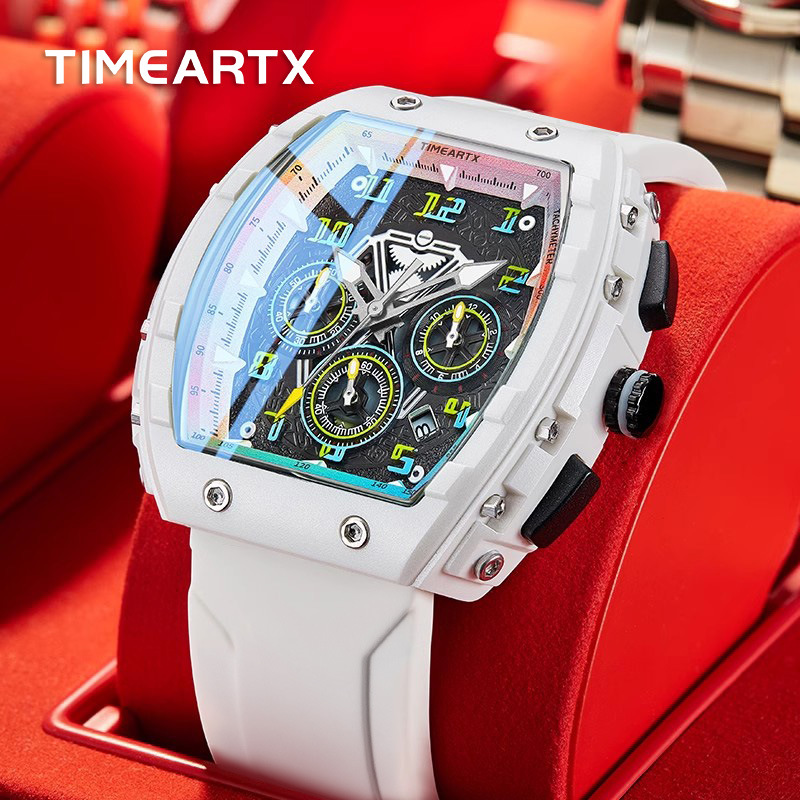 Timeartx Cross-Border Barrel Quartz Watch Movement Fashionable Luminous Waterproof Silicone Strap Multifunctional Watch for Men