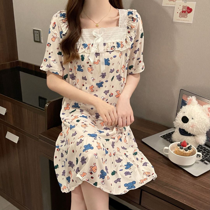 2024 pijama de mujer pijama de algodón de verano de manga corta encaje largo fresco ropa de hogar de estudiantes al por mayor