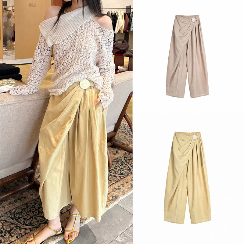 High-End Custom 26 Spring New Style Irregular Silhouette Ceramic Buckle Long Pants, Fashionable and Versatile, Available in Two Colors
