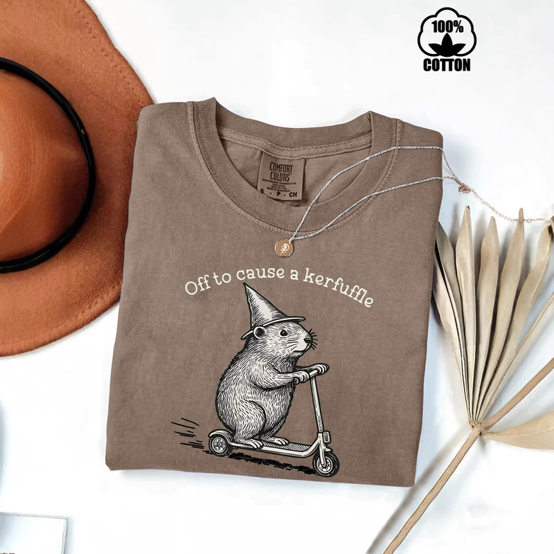 Women's Clothing Funny Groundhog Scooter Print T-Shirt Short Sleeve Loose T-Shirt Foreign Trade Pure Cotton Washed Vintage Style