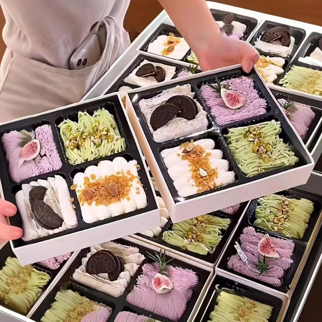 网红四喜盒子欢喜小蛋糕打包盒木盒高档四宫雪媚娘四拼甜品包装盒