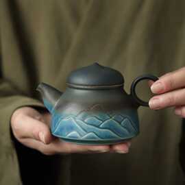 千里江山茶壶渐变山海观陶瓷小号单壶家用功夫茶具复古手执泡茶器