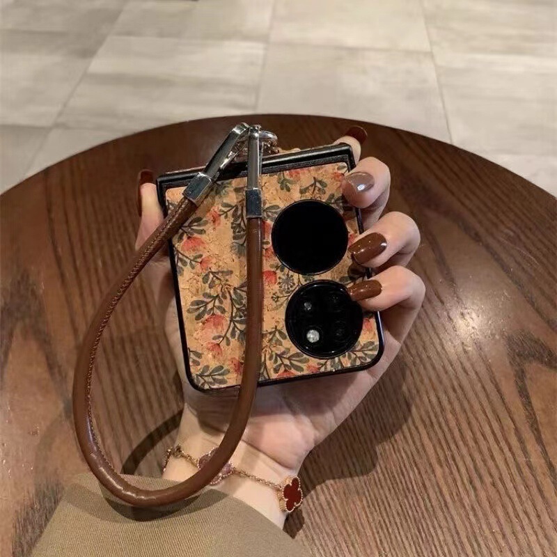 Retro Brown Leather Pattern with Small Red Flowers Suitable for Huawei Pocket2/S Phone Case Huawei P60 Treasure Box Lanyard Protective Cover