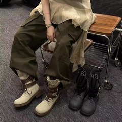 复古做旧马丁靴女款2025新款粗跟皮带扣短靴百搭休闲机车骑士靴子
