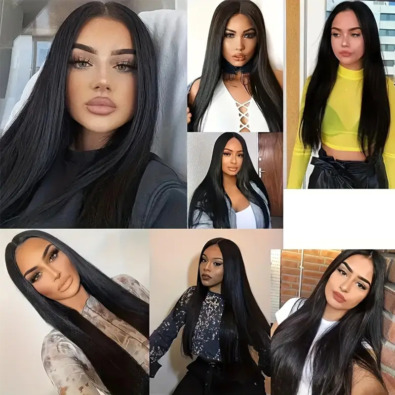 Peruca feminina longa e lisa, com fios naturais e volumosos, feita de seda resistente a altas temperaturas, com repartição central e acabamento em seda. Tamanho médio._voghion.com