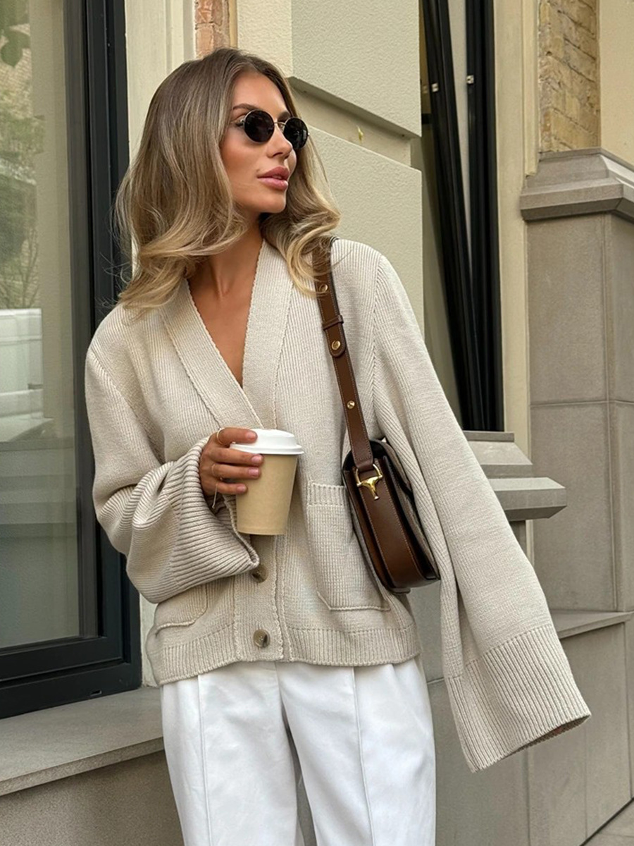 Cardigan de punto suéter suelto transfronterizo Europa y los Estados Unidos otoño / invierno 2025 Cardigan de punto de cuello V suéter suelto de viento flojo mujeres