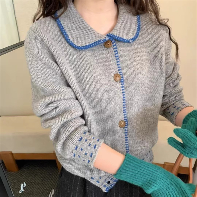 Korean Sweet Style Lapel Contrast Color Cardigan Sweater for Women Spring and Autumn New Hot Style Age-Reducing Slimming Single-Breasted Knitted Cardigan