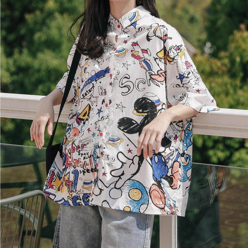 Retro Graffiti Short-Sleeved Shirt for Women, Summer New Design, Niche Trendy Brand Printed Top, Loose Slimming Shirt