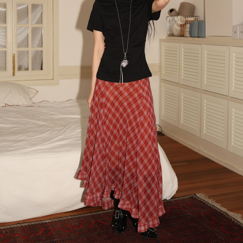 Vintage Two-Tone Plaid Irregular Ruffle Hem Mid-Length Chiffon Skirt for Women, Trendy 2026 Summer New Style