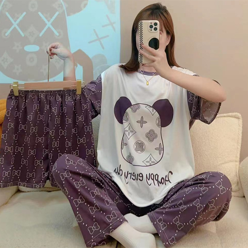 2023年睡衣女春秋夏季新款短袖短裤长裤三件套卡通休闲家居服套装