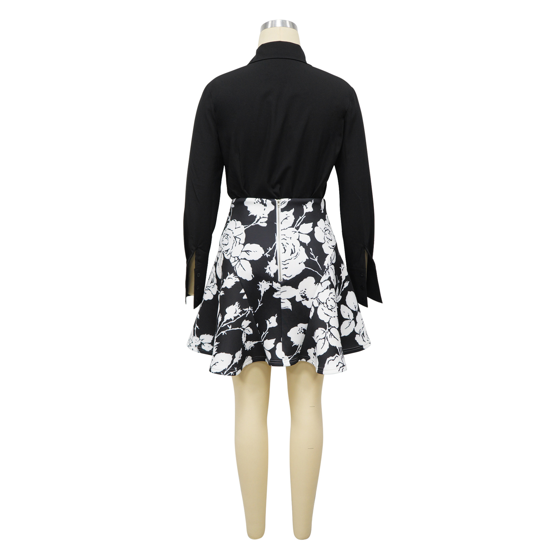Women's Fashion Long Sleeved Collared Printed Skirt Set Waist Cinching Short_ecoleips.com