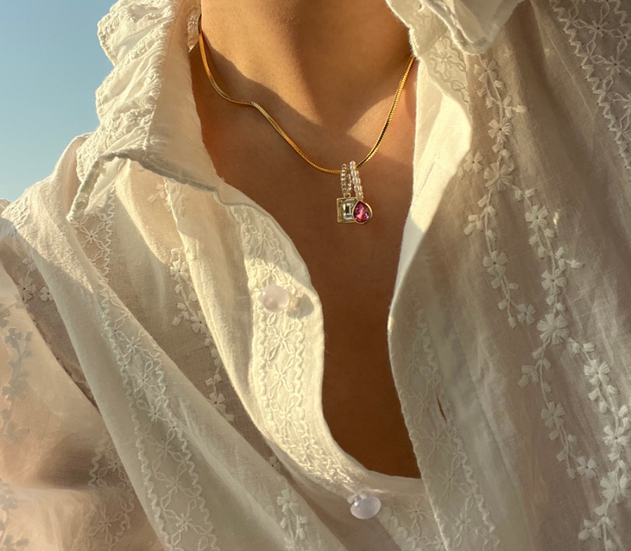 Fashion Square Water Droplets Titanium Steel Inlay Artificial Pearls Rhinestone Necklace