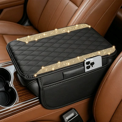 High-End Armrest Mat with Storage — Armrest box pad - yellow-rhinestones