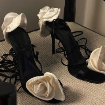 2024 foreign trade new style round toe stiletto heel super high heel satin rose flower heel strap large size one-strap sandals for women