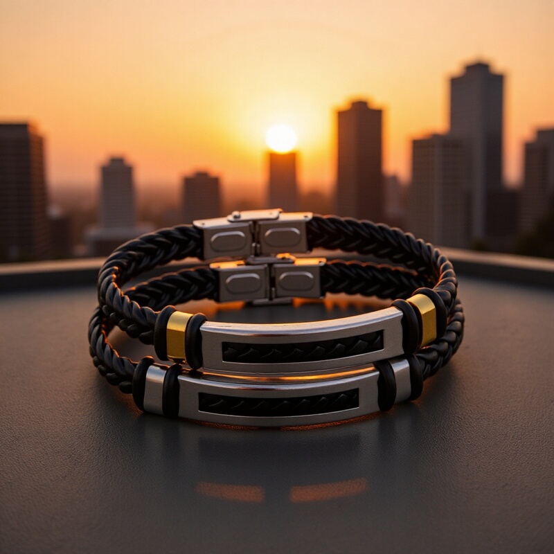 Cross-Border Circular Handmade Fashion Simple Bracelet Personalized Titanium Steel New Year's Gift Pu Woven Bracelet Men's and Women's Bracelet