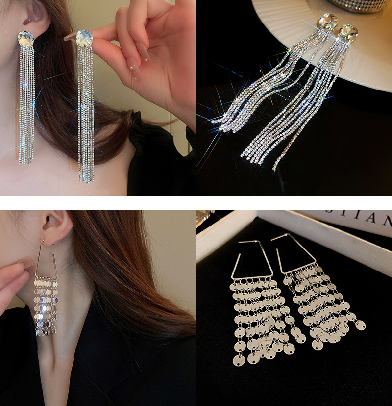 Fashion 40# Silver Square Tassel (real Gold Plating) Metal Chain Tassel Earrings 