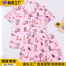 严选跨境新款卡通小狗休闲可外穿居服套装翻领短袖短裤睡衣套装