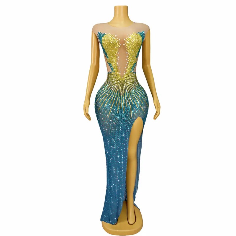 Niche Light Luxury Ocean Blue Elegant Side Split Mermaid Performance Suit Miss Universe Beauty Pageant Birthday Dress