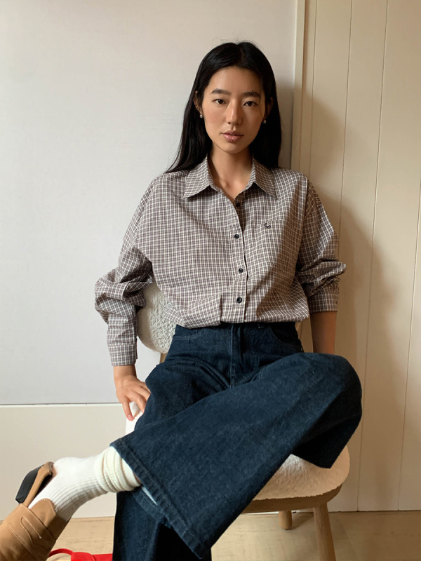 MOXI 十三行女装秋季新款女式衬衫女慵懒宽松格子绣花衬衣上衣女|undefined