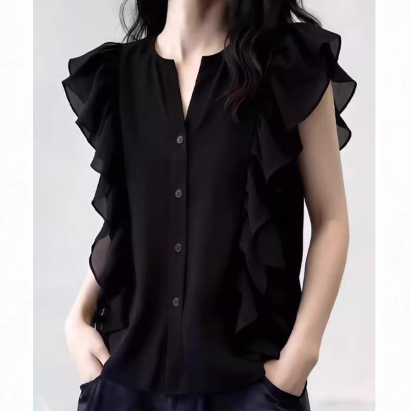 French Ruffled Black Short-Sleeved Shirt for Women 2026 Summer New Niche V-Neck Slim-Fitting and Age-Reducing Top French Ruffled Black Short-Sleeved Shirt for Women 2026 Summer New Niche V-Neck Slim-Fitting and Age-Reducing Top