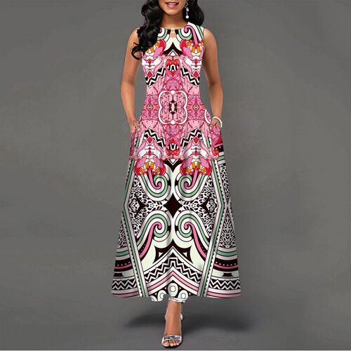 2024 Amazon European and American Style Sleeveless Women's Defined-Print Flared Dress Bohemian Retro Long Skirt European and American Style