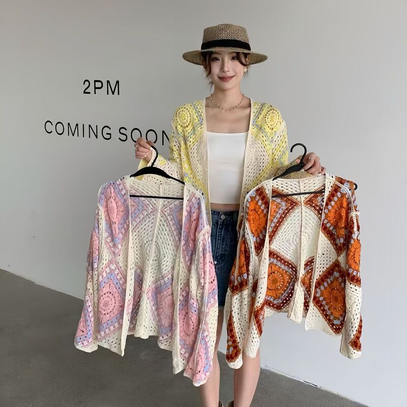 Retro Bohemian Style Long-Sleeved Knitted Cardigan for Women, Summer Hollow-Out Crochet Loose-Fitting Slimming New Style Top Retro Bohemian Style Long-Sleeved Knitted Cardigan for Women, Summer Hollow-Out Crochet Loose-Fitting Slimming New Style Top